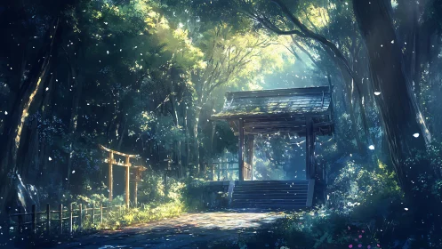 Sunlit Shinto gate stands in dense forest with drifting petals