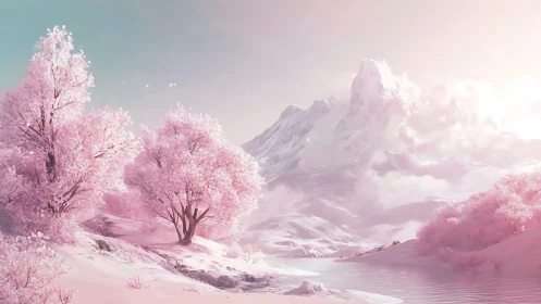 Pink blossom valley surrounds distant snow crowned mountain