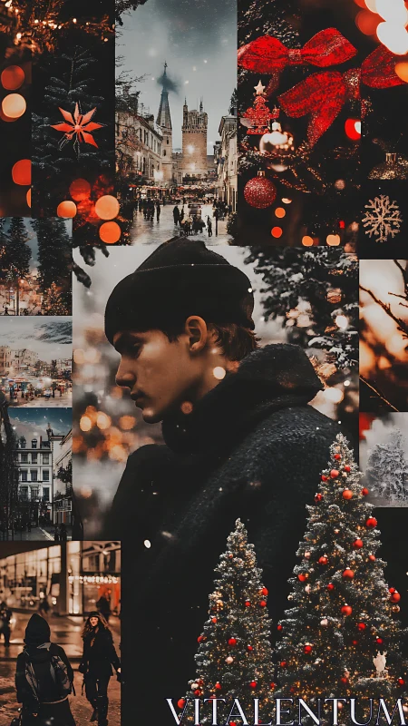 Moody winter portrait collage with festive urban bokeh toning.