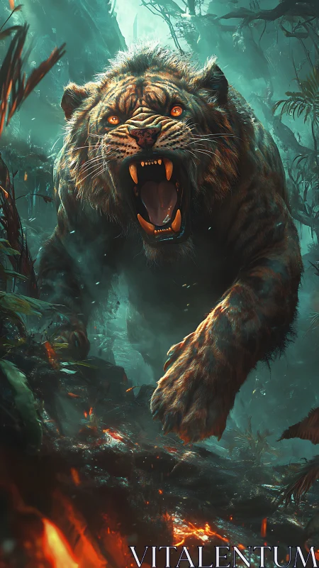Sabertooth predator charging through ember-lit jungle environment.