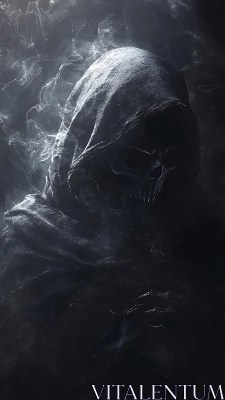 Mysterious hooded reaper emerging from swirling silver mist.