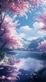 Serene cherry blossom lake under clear spring sky.