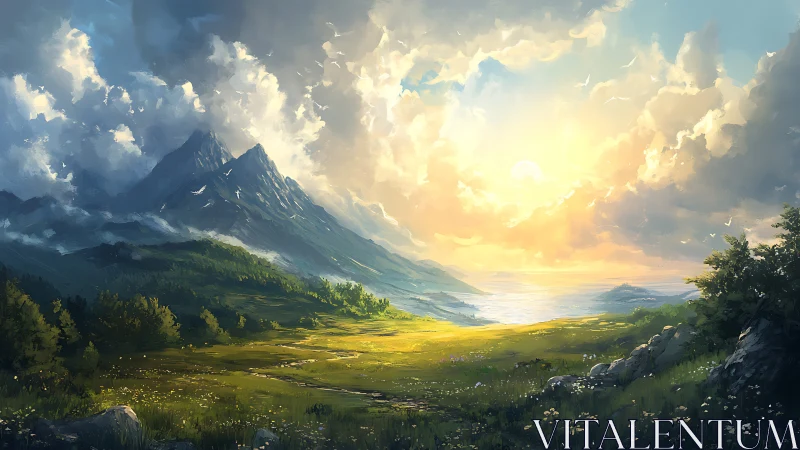 Atmospheric mountain valley at sunrise with volumetric light fields.
