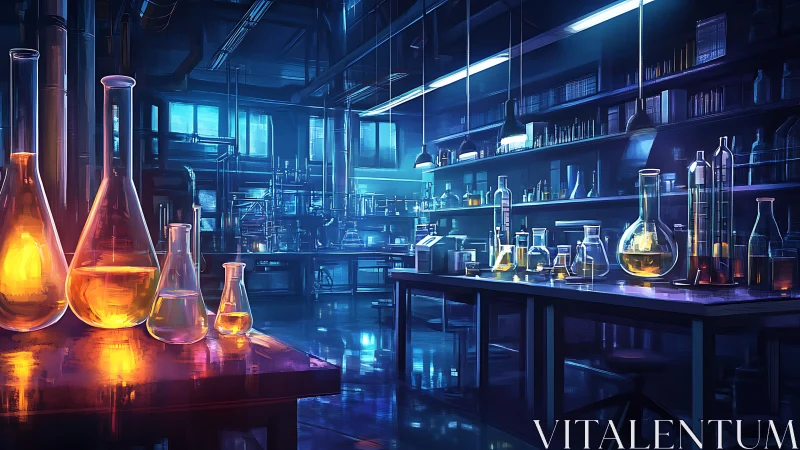 Futuristic chemistry lab with glowing glassware at night.