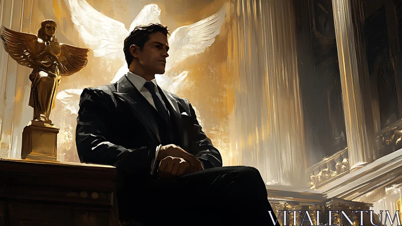 Powerful suited man before golden angel statue in court.