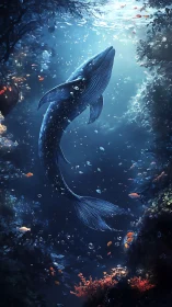 Large whale ascends through illuminated underwater canyon