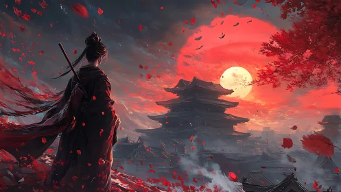 Samurai overlooks ancient temple at red sunlit dusk.