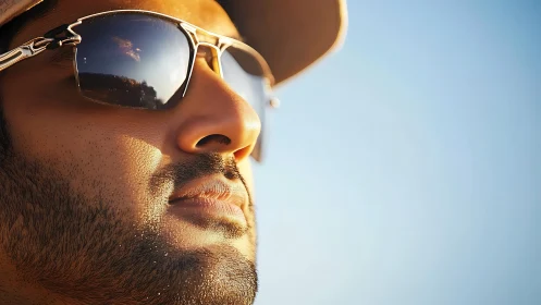 Photorealistic close-up portrait with reflective sunglasses detail.