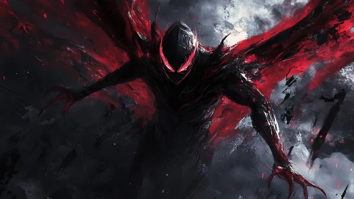 Shadow demon figure with red energy wings in dark storm