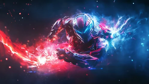 Cybernetic warrior dives through neon energy in deep space
