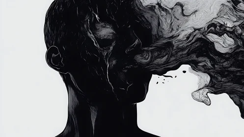 Monochrome head silhouette dissolves into swirling line-based smoke