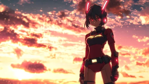 Cybernetic anime warrior outlined against vivid sunset sky.