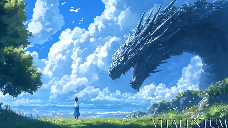 Child confronts sky dragon on bright windswept meadow.