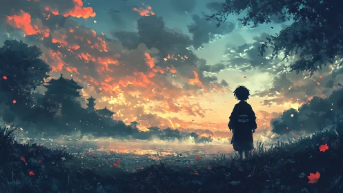 Solitary child at lakeside sunset facing distant pagodas