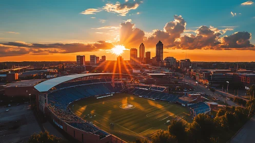 Sunset over city skyline with illuminated soccer stadium.