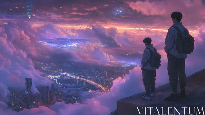 Digital painting of neon cloud city with elevated rooftop viewers.