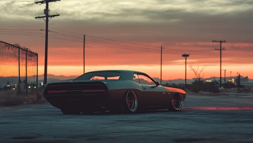 Muscle car rests under a cinematic desert sunset sky.