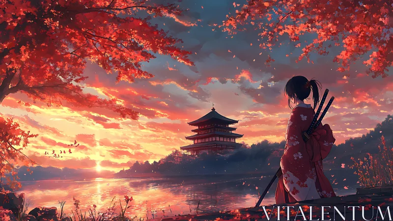 Samurai woman by lakeside temple at vivid sunset scene.