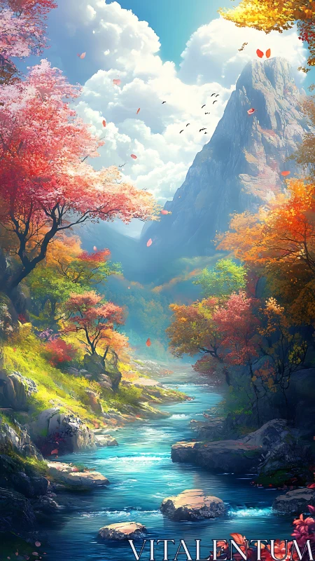 Skybright river valley under spellbound autumn canopies.