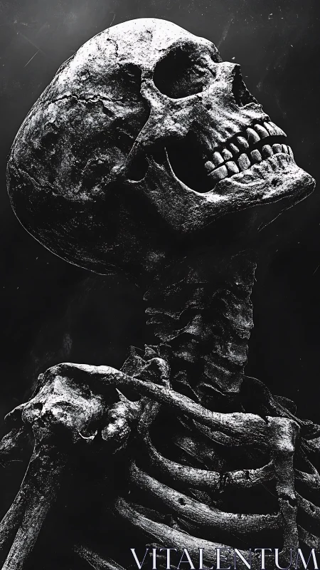 Weathered human skeleton rendered in stark monochrome.