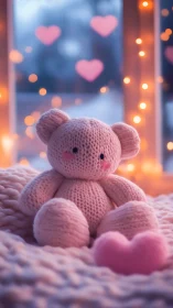 Cozy knitted teddy in a dreamy, heartlit evening glow.