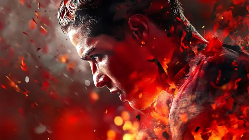 Male profile emerges from abstract fiery particle field