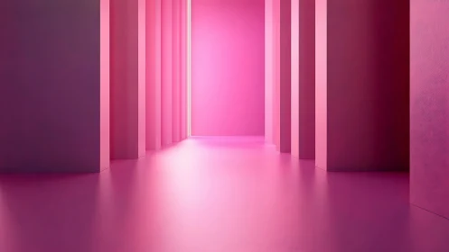 Neon pink corridor with geometric pillars and soft glow.