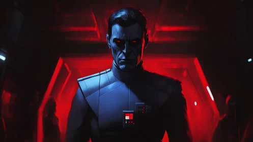 Dark sci fi officer in red lit corridor stands facing viewer.