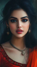 Radiant portrait of woman in red sari with ornate jewelry.
