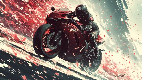 Motorcyclist leans into turn on red sport bike in stylized scene