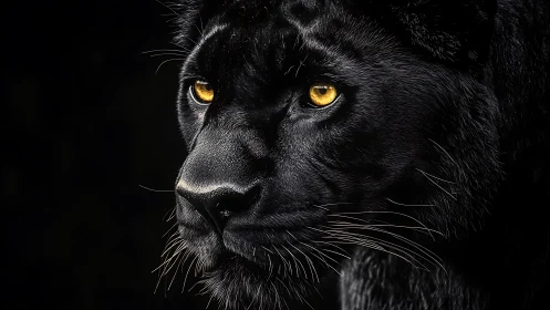 Black Panther Portrait with Luminous Amber Eyes Against Dark Background