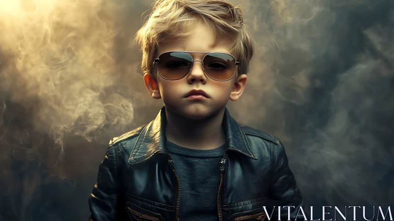 Cool young boy in sunglasses and leather jacket portrait