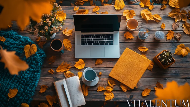 Laptop workspace under golden autumn leaves on wood table