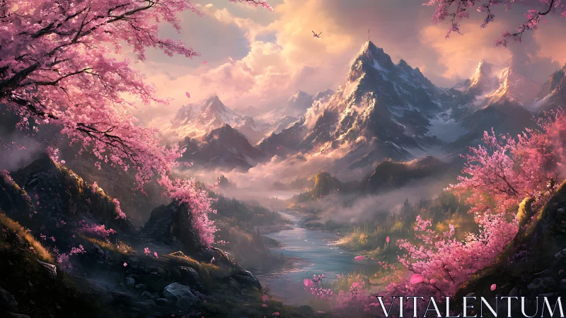 Digital painting of alpine river valley with sakura foreground framing.