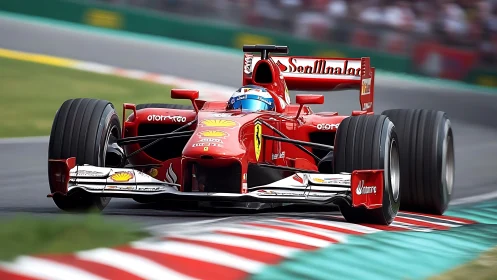 Red Formula 1 car powers through fast circuit corner