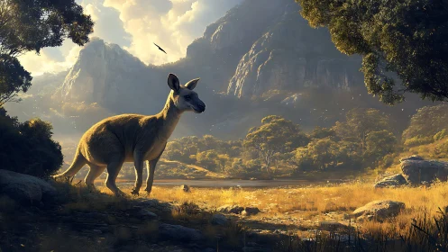 Solitary kangaroo pauses in golden Australian valley light