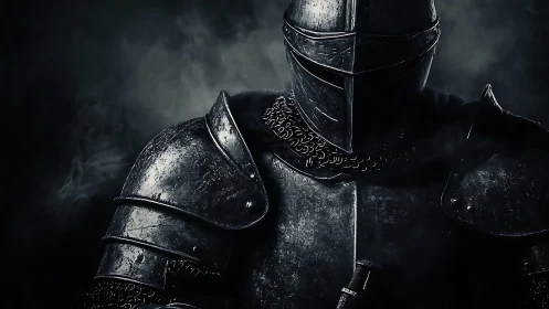 Armored dark knight in shadowed cinematic portrait.