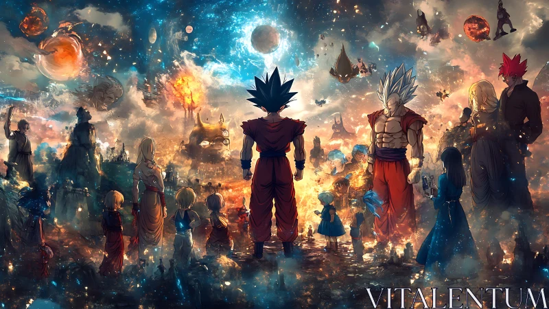 Heroes stand united beneath a vast, glowing cosmic sky.