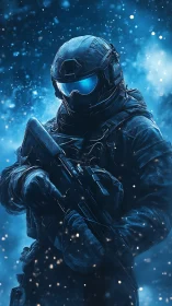 Armored soldier with rifle in blue-lit frozen environment.