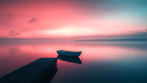 Rowboat floats beside wooden pier on pink blue lake