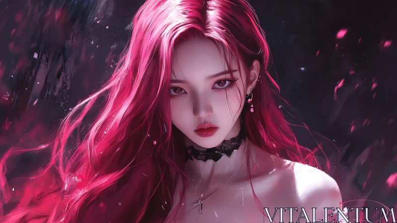 Crimson-haired gothic muse under luminous painterly glow.