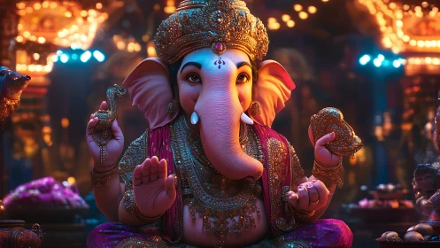 Radiant Lord Ganesha idol glows amid festive temple lights