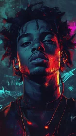 Neon lit portrait of a calm listener in glowing night colors.