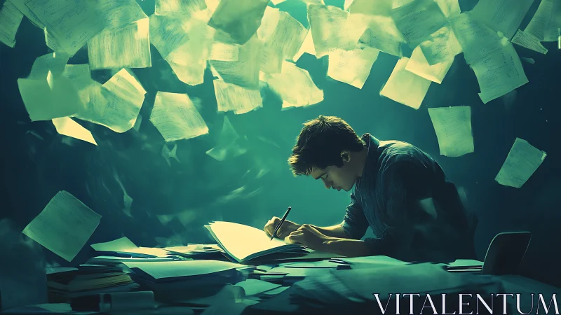 Focused student writes under swirling pages and teal light.