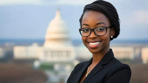 Confident young professional woman in suit with Capitol backdrop.