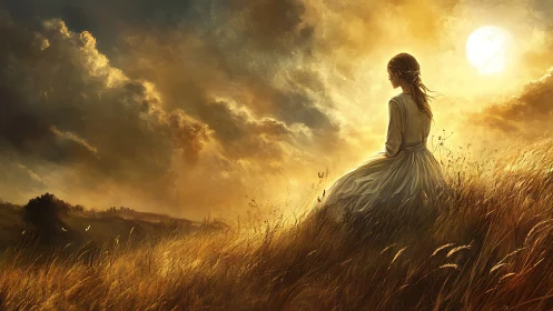 Woman in white dress sitting alone in golden sunset field.