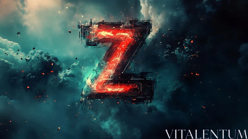 Fiery letter Z glows boldly within a stormy digital sky