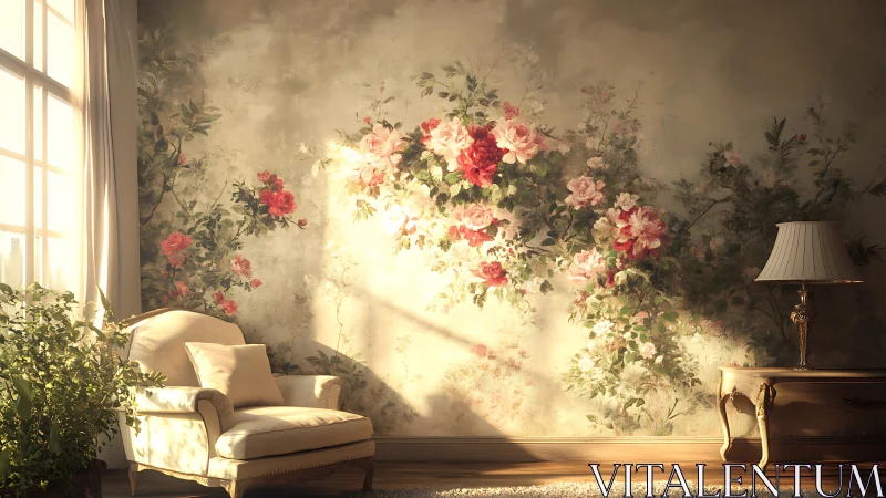 Sunlit armchair before mural of roses in classical interior