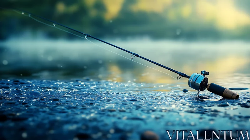 Fishing rod rests on wet river stones at calm blue sunrise