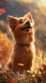 Golden dog sits in autumn field watching falling leaf